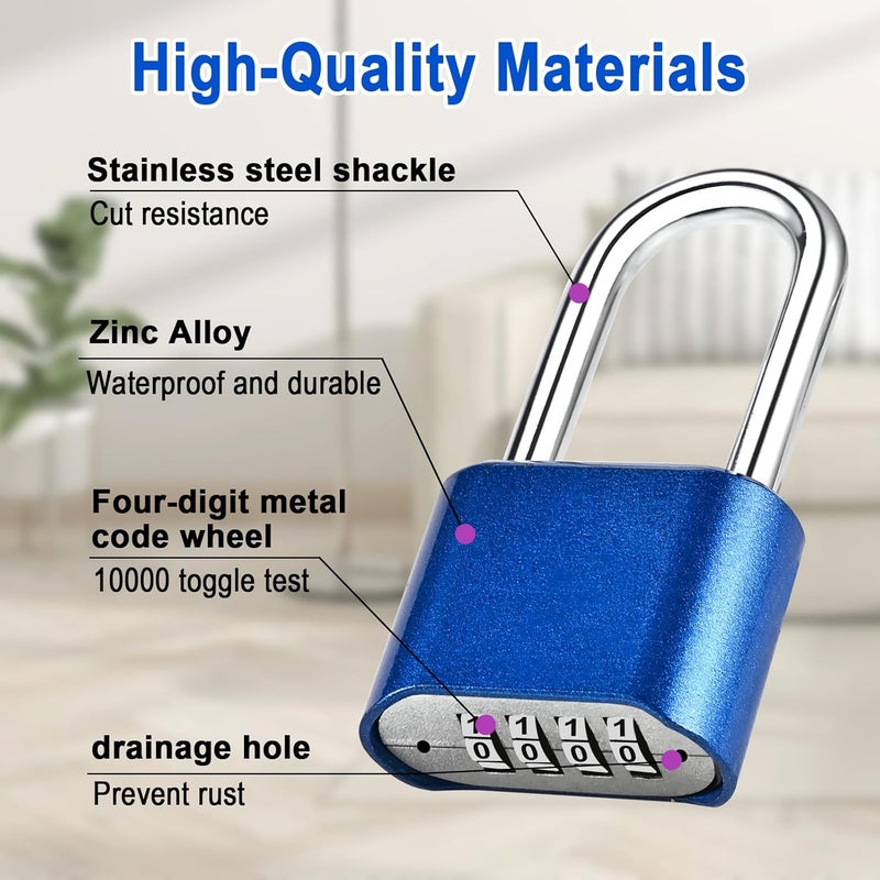 Faburo Combination Lock, 4-Digit Heavy Duty Combo Lock, Combination Padlock Weather-Resistant Heavy Duty Combo Locks for Outdoor Fence, Locker, Sheds, Gym, Gate Hasps (Long Shackle) (2pcs-Blue) - Image 3